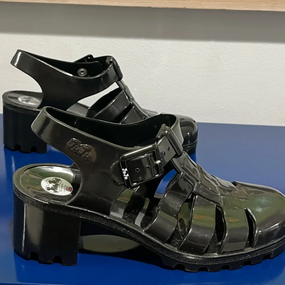 Juju Black Jelly Babe Sandals Sz 8 UK 6 Heels Woven Plastic Buckle Womens Shoes
